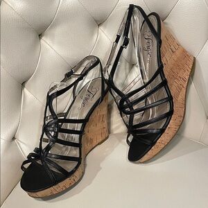 Fergie Black Leather Strappy Cork Wedge Sandals Size 8.5